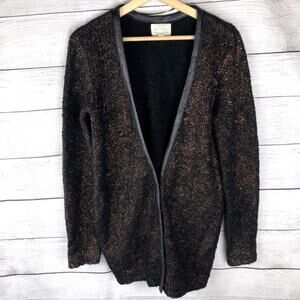 Hinge Alpaca Wool Blend Bronze Metallic Knit Faux Leather Trim Cardigan S